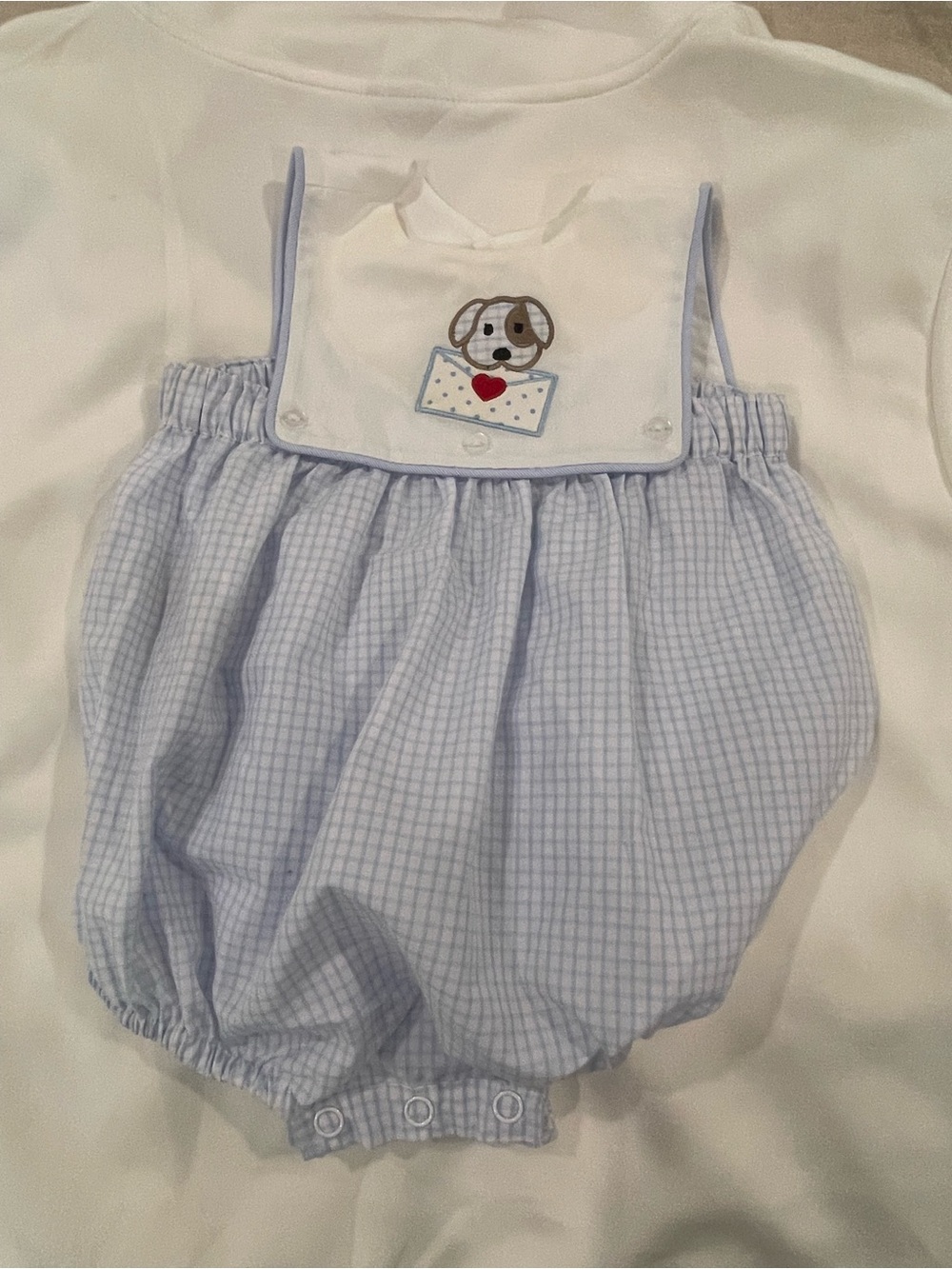 Baby Boy Light Blue Plaid Bubble Romper onesie with Puppy Dog Appliqué